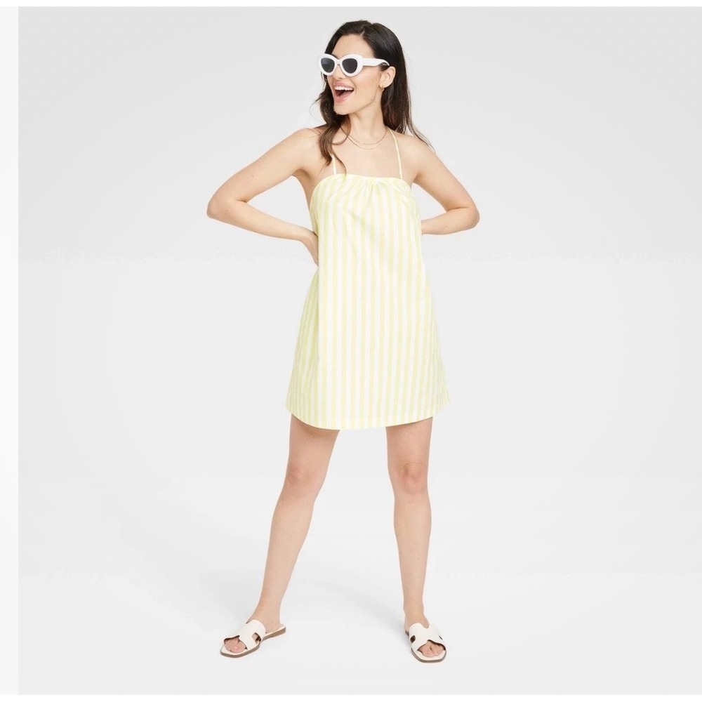 A New Day Striped Mini Dress‎ Womens Medium Yellow NEW Spaghetti Strap Pockets